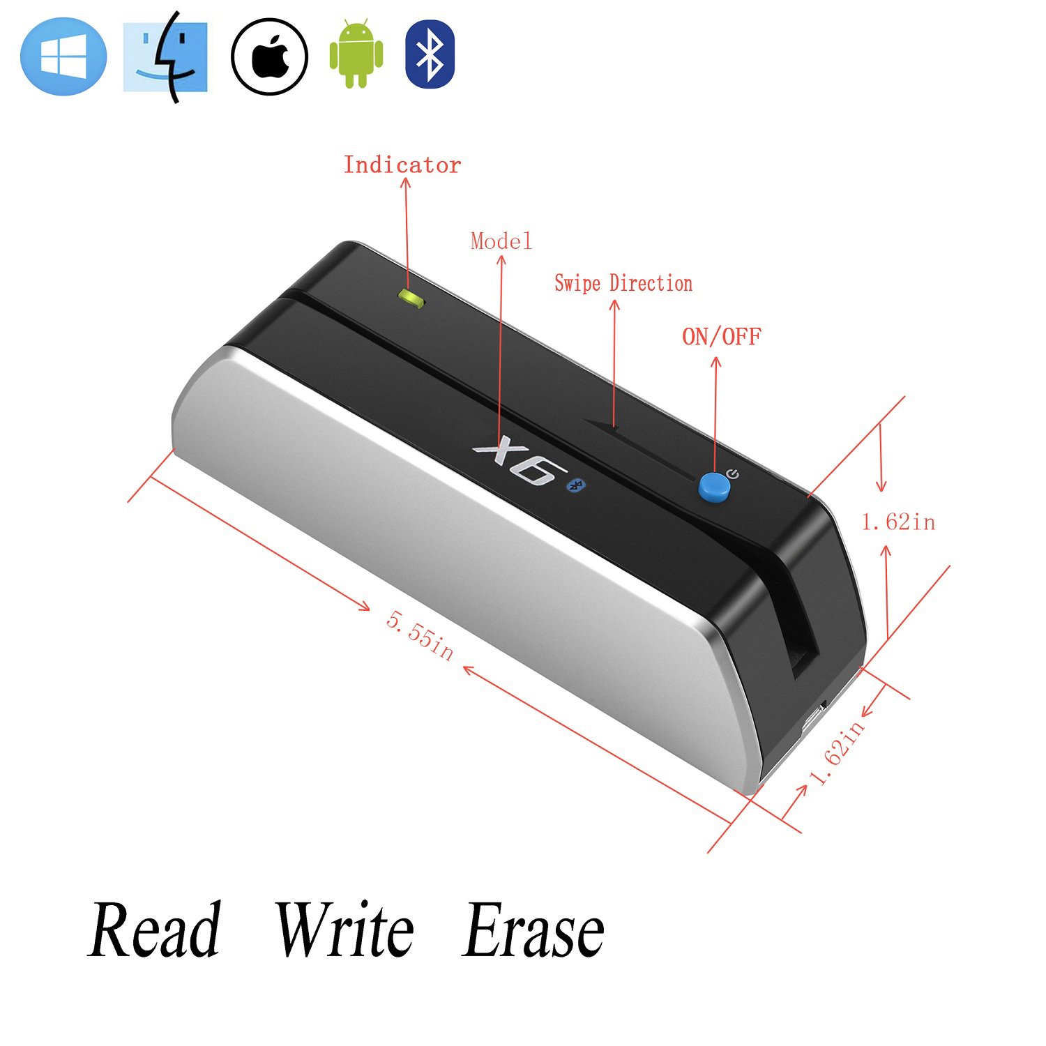 Bluetooth 4.0 USB Card Reader Writer Encoder Swipe by Card Writer Device (X6BT)